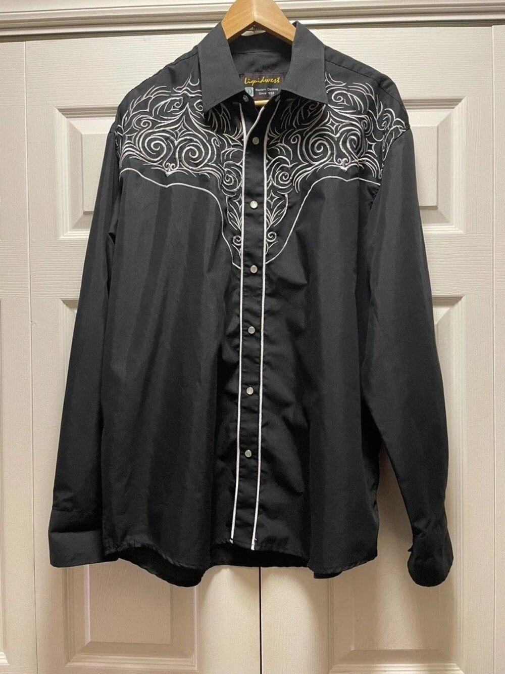 Liquidwest Western Cowboy Shirt Men’s 2XL – Black with White Embroidery